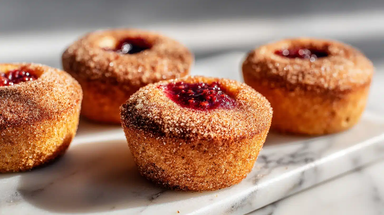 Jam Filled Donut Muffins: All the Joy, No Frying Required 27 Jam filled donut muffins with cinnamon sugar coating and red fruit center