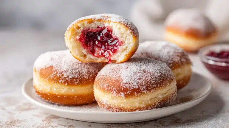 Jam filled donuts coated in sugar with a broken one showing red fruit filling.