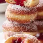 Golden fried jam filled donuts dusted with sugar, with one cut open to show the fluffy interior and glossy strawberry jam filling.