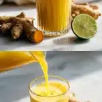 A luminous glass of golden jamu juice on a bright white marble surface, surrounded by fresh turmeric root, sliced ginger, and a halved lime, with soft natural light highlighting the vibrant yellow liquid.