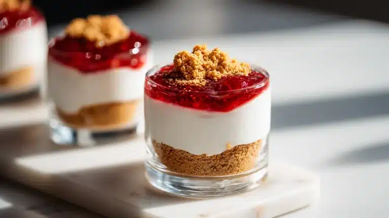 A glass jar of the japanese cheesecake hack showing creamy yogurt and cookie layers