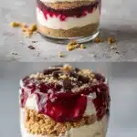 A clear glass holding creamy, layered no-bake Japanese cheesecake hack with crushed Biscoff cookie crumbs, a swirl of glossy raspberry jam, and dark chocolate shavings on top, set on a light marble surface with soft natural light.