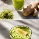 A crystal-clear glass filled with a vibrant jade-green Japanese Mounjaro recipe tonic sits on luminous white marble, surrounded by fresh ginger root, bright yellow lemon wedges, a deep red umeboshi plum, and a small pile of ceremonial matcha powder.