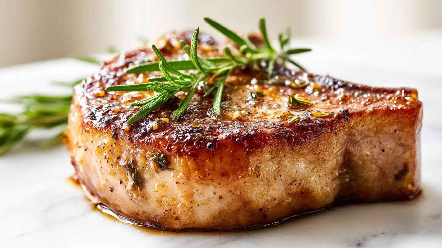 Juicy Pork Chops Every Single Time (Quick Brine + Cast Iron Sear) 21 Juicy pan-fried pork chops with a crispy golden crust resting on a plate, cast iron skillet method