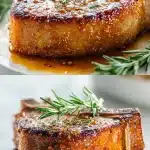A thick-cut bone-in pork chop with a deeply seared golden-brown crust, resting in a cast iron skillet and glistening with natural juices. Fresh rosemary sprigs and coarse salt are scattered around the pan, highlighting the juicy pork chops recipe.