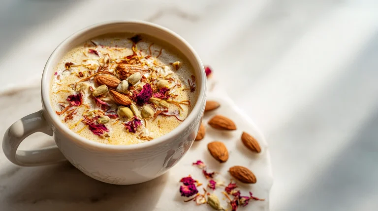 A clear glass cup of golden kahwa tea recipe with crushed almonds
