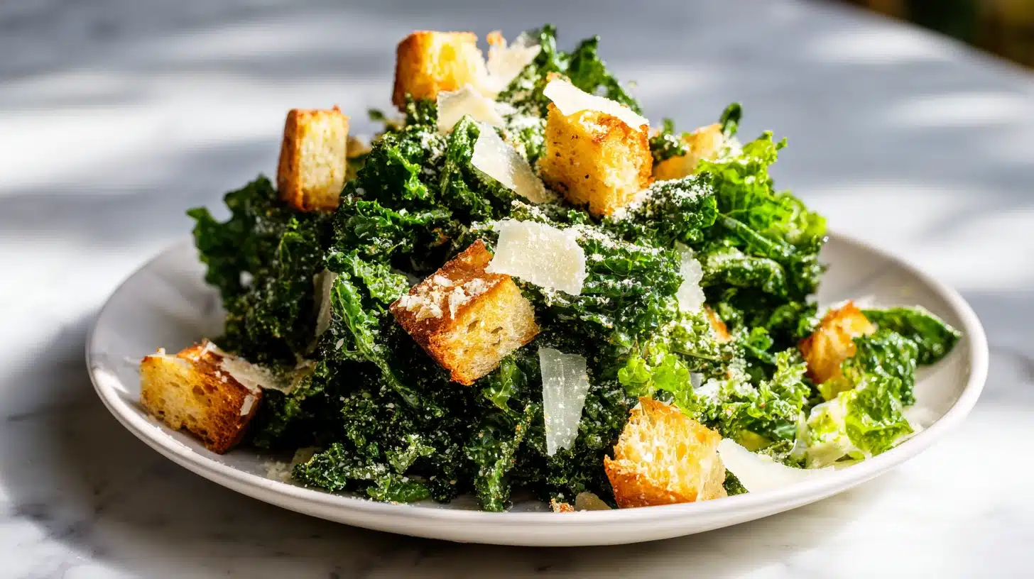 The Last Kale Caesar Salad Recipe You Will Ever Make 26 A close up of a creamy kale caesar salad with sourdough croutons in a white bowl.