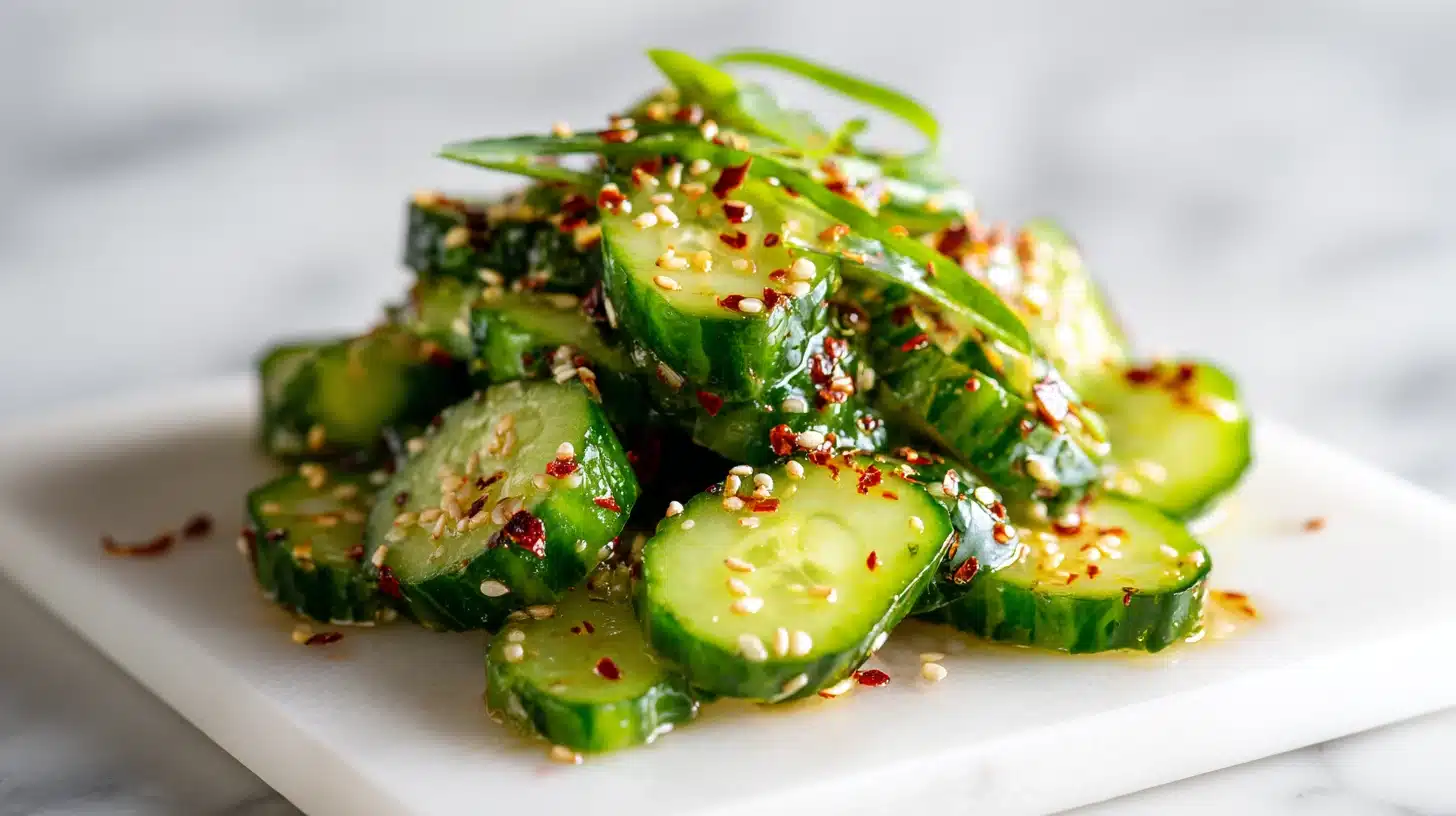 The Crispiest Korean Cucumber Salad You Will Ever Make 21 A vibrant bowl of spicy korean cucumber salad with sesame seeds and chili dressing.