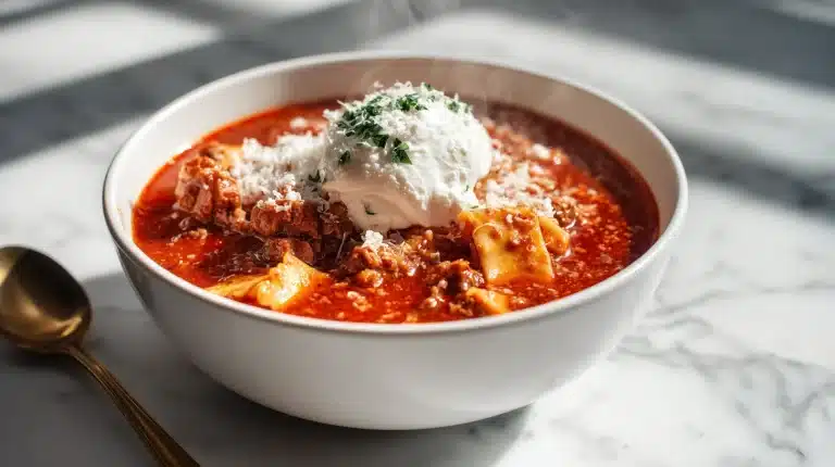 A bowl of rich Lasagna Soup Recipe topped with ricotta and mozzarella cheese.