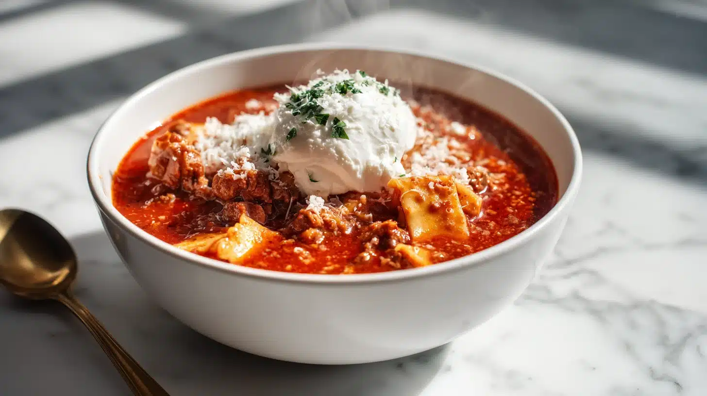 A bowl of rich Lasagna Soup Recipe topped with ricotta and mozzarella cheese.