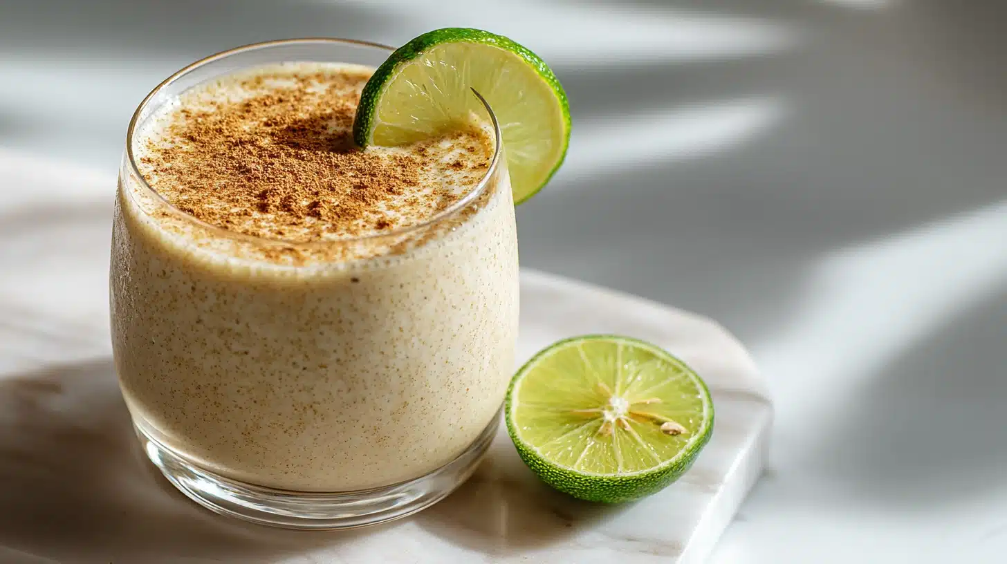 Oatzempic Recipe: The Viral Oat Drink, Honestly Reviewed 14 A tall glass of the viral oatzempic recipe with lime and cinnamon.