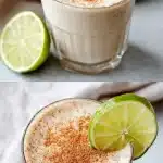 A clear glass filled with a creamy, textured oat drink, garnished with a fresh lime wheel on the rim and a light dusting of cinnamon on top, set against a bright, neutral background. This is the ultimate oatzempic recipe for a refreshing and wholesome beverage.