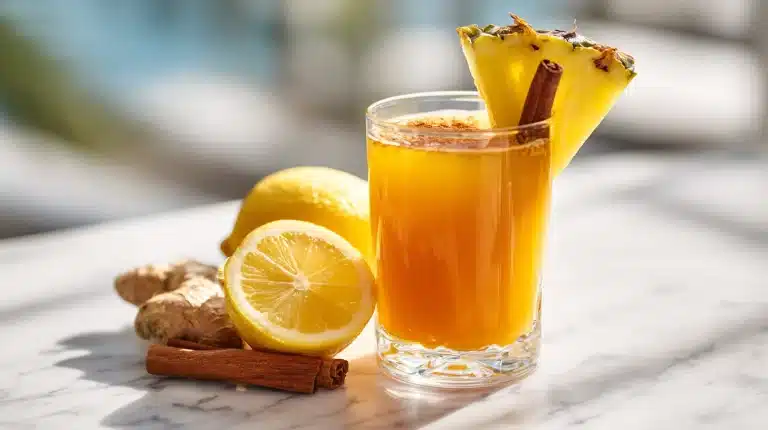 A steaming mug of homemade pineapple tea recipe with lemon and cinnamon.
