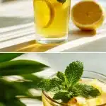 A sunlit glass of vibrant golden pineapple tea on a bright surface, garnished with a fresh slice of lemon and a sprig of green mint, demonstrating the zero-waste pineapple tea recipe made from skins and core.