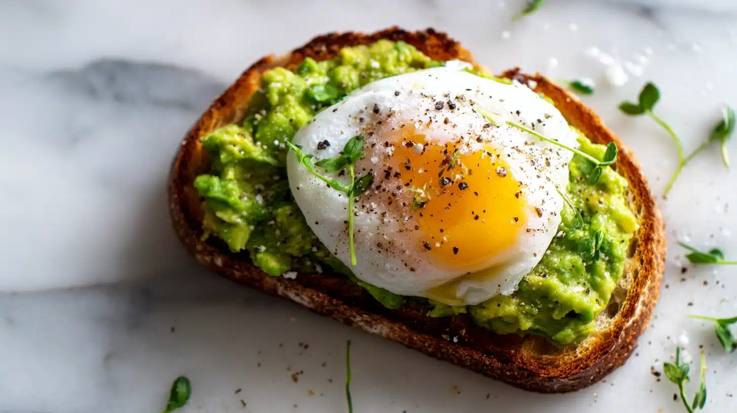 How to Make Perfect Poached Eggs Every Single Time 17 A slice of avocado toast topped with poached eggs and red pepper flakes.