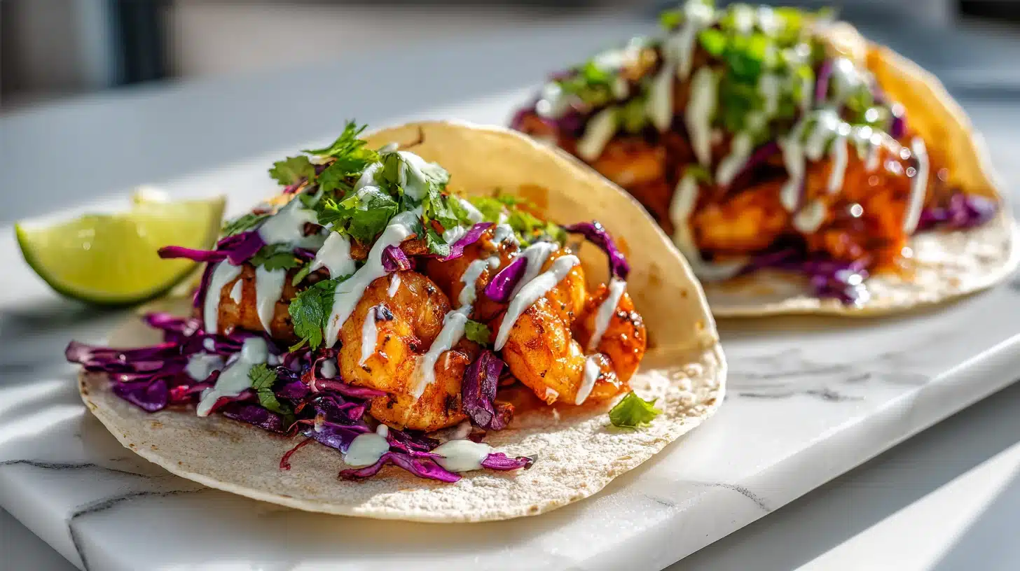 Smoky Chipotle Prawn Tacos With Lime Crema 32 Two corn tortillas loaded with smoky seared prawns and cabbage slaw for a prawn tacos recipe