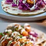 Two soft tacos overflowing with plump, smoky chipotle-coated prawns, a vibrant mix of shredded purple and green crunchy cabbage slaw, drizzled with creamy white lime crema, and garnished with fresh cilantro on a dark textured plate.
