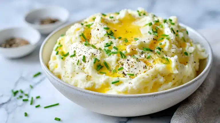 A bowl of creamy protein mashed potatoes topped with chives and garlic.