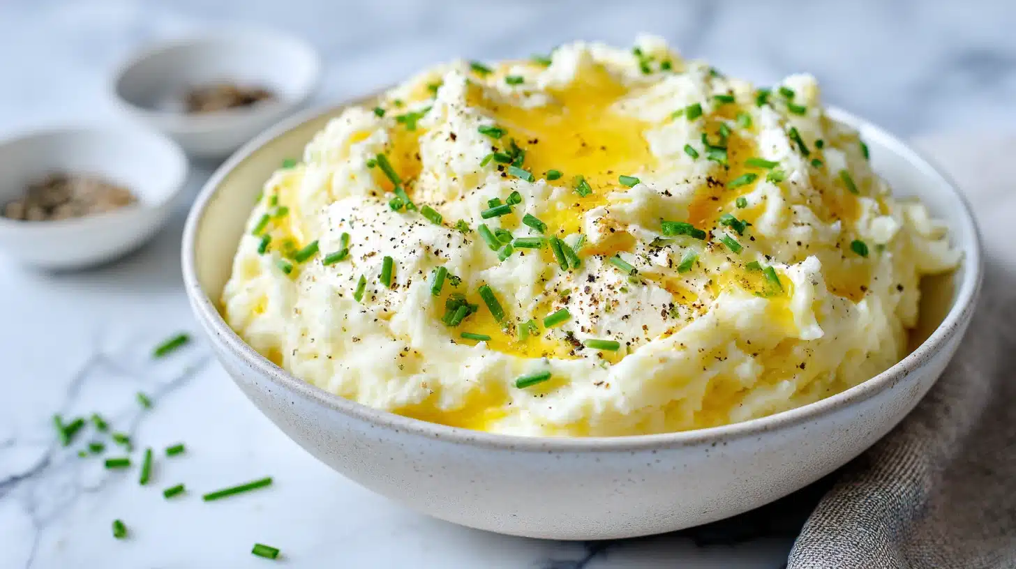 Protein Mashed Potatoes (Cottage Cheese Trick, 15g Protein) 19 A bowl of creamy protein mashed potatoes topped with chives and garlic.