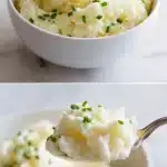 A white bowl of ultra-creamy, fluffy protein mashed potatoes garnished with chopped fresh green chives and a pat of golden butter melting on top, styled on a bright white marble countertop. High-protein side dish made with Yukon golds and cottage cheese.