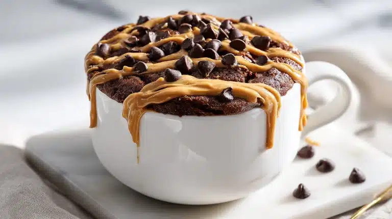 A warm protein mug cake topped with melted chocolate and peanut butter.