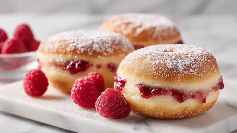 Raspberry jam filled donuts dusted with sugar on a wooden board