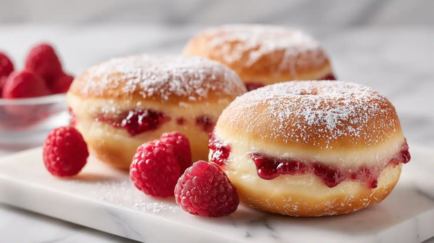 How to Make Bakery-Style Raspberry Jam Filled Donuts at Home 29 Raspberry jam filled donuts dusted with sugar on a wooden board