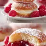 A golden fried raspberry jam filled donut coated in sugar, with jam oozing, on a plate with fresh raspberries and sugar dust.