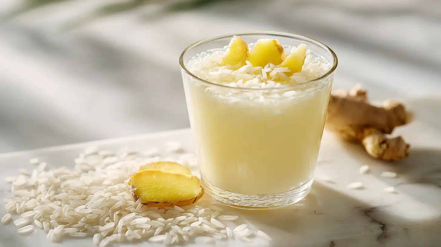 Rice Water for Digestion: The Soothing Drink Trend (2 Ways) 14 Warm mug of starchy rice water for digestion on a rustic board