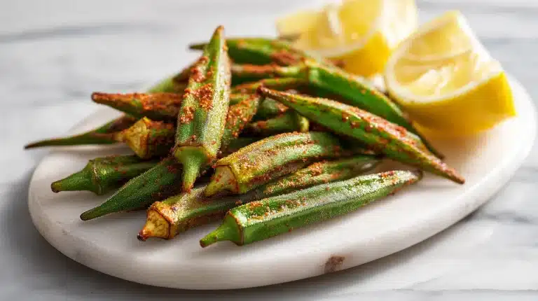 Crispy roasting okra recipe on a parchment-lined baking sheet with charred tips