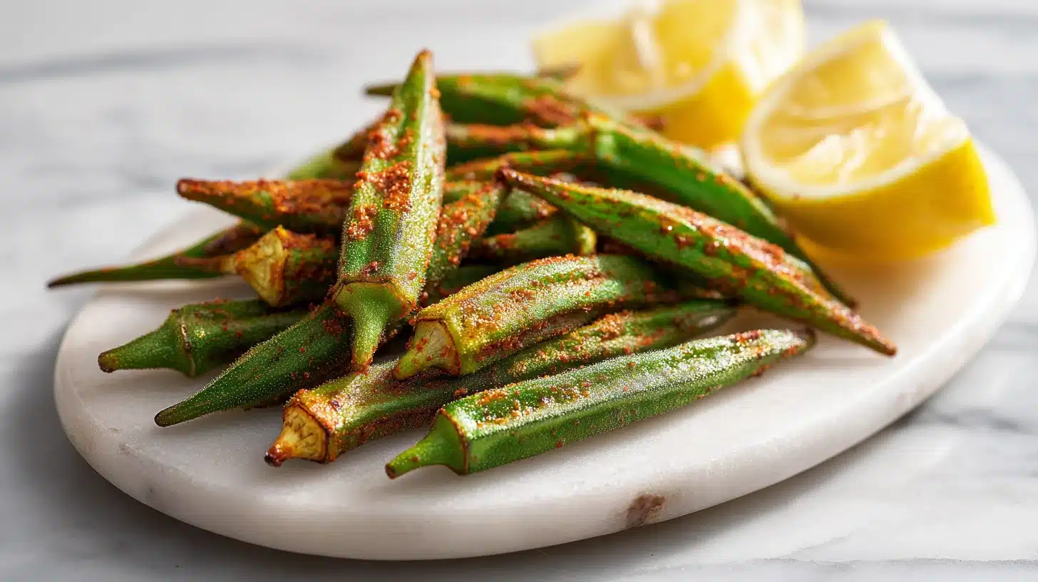 The Crispy Roasting Okra Recipe That Changed How I Eat Vegetables 21 Crispy roasting okra recipe on a parchment-lined baking sheet with charred tips