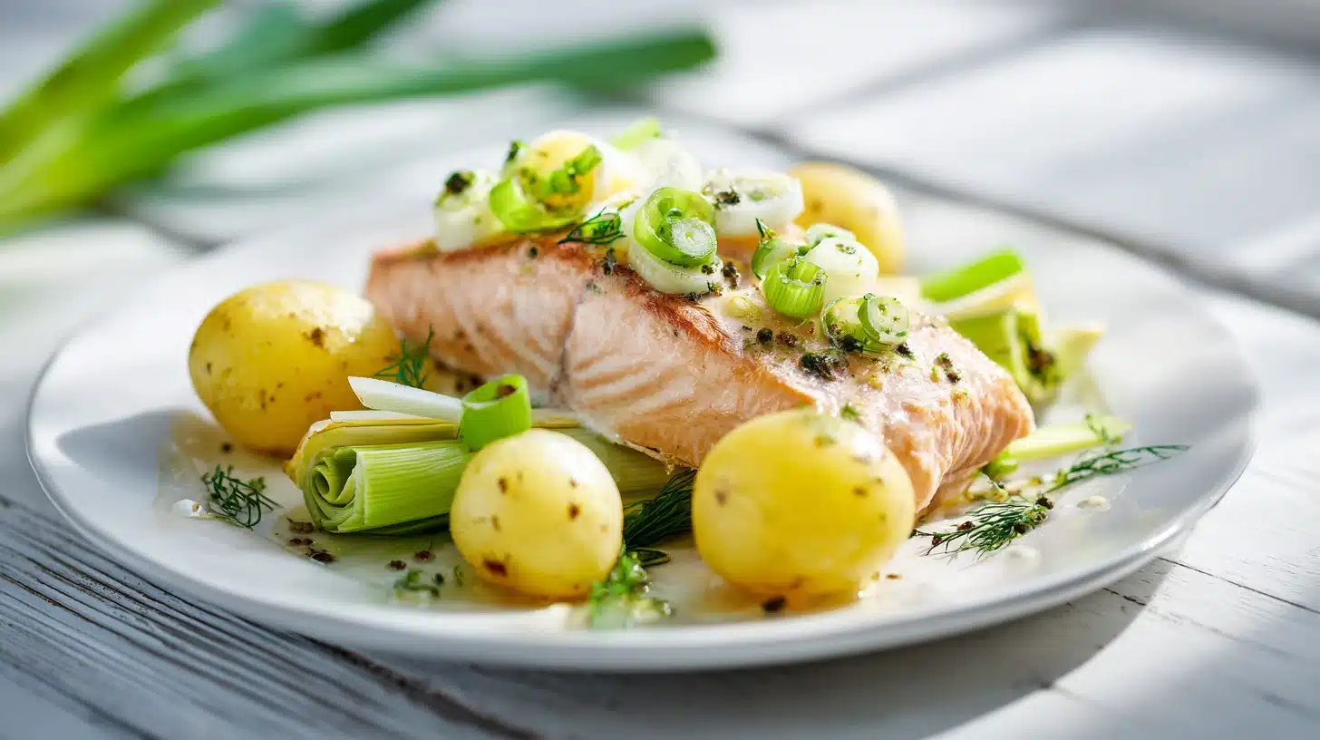 Creamy Baked Salmon and Leeks with Baby Potatoes 28 A creamy salmon and leek recipe baked in a rustic ceramic dish.