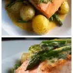 A beautifully plated creamy baked salmon fillet topped with vibrant sautéed green leeks, surrounded by golden roasted baby potatoes and scattered capers on a dark baking sheet, illustrating a healthy salmon and leek recipe.
