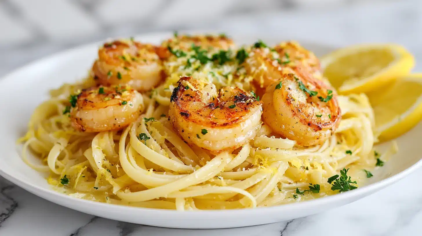 Creamy Garlic Shrimp Linguine (Prawn Linguine) in 30 Minutes 24 A bowl of shrimp linguine with glossy garlic butter sauce and fresh parsley