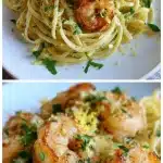 Overhead shot of a white plate holding twirled linguine coated in a glossy, creamy garlic butter sauce, topped with several plump, golden-seared shrimp, garnished with fresh chopped parsley and bright yellow lemon zest.