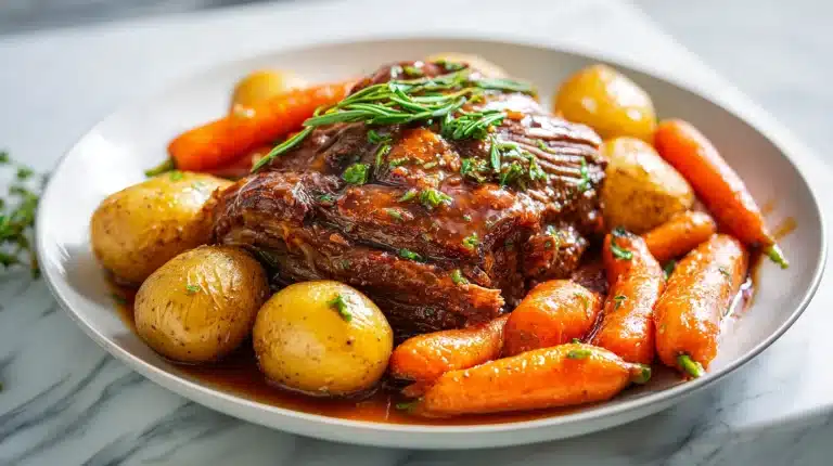 A tender slow cooker beef joint surrounded by vegetables and rich gravy.