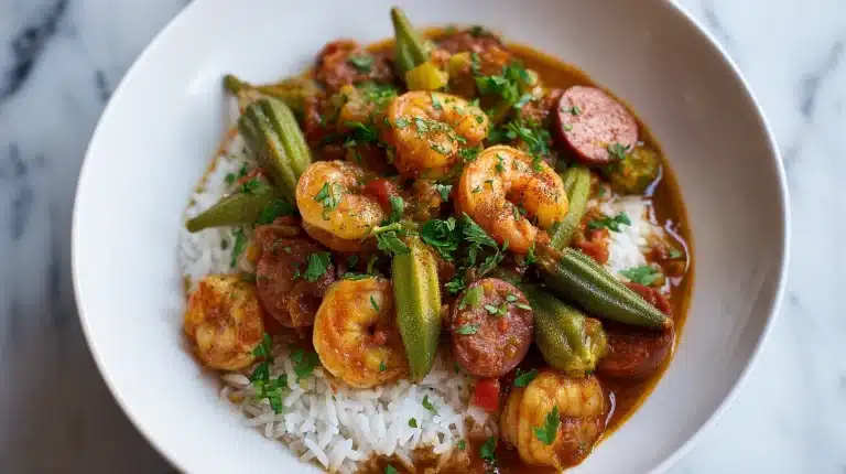 Smothered okra and shrimp recipe in a cast iron skillet with Cajun tomato sauce