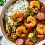 A bowl of smothered okra and shrimp recipe with golden shrimp, sliced andouille, okra in tomato gravy over white rice, garnished with parsley and Cajun seasoning.