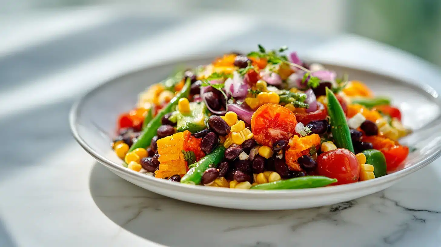 Southwest Dense Bean Salad (19g Protein, Keeps All Week) 23 A vibrant bowl of southwest dense bean salad with corn and cilantro.