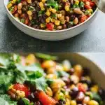 Overhead shot of a vibrant southwest dense bean salad in a speckled ceramic bowl, featuring black beans, pinto beans, golden corn kernels, diced red bell pepper, and fresh cilantro, with a lime wedge on the side.