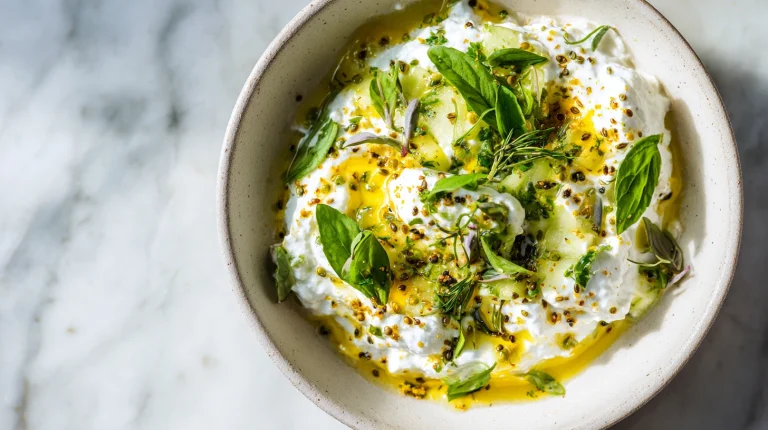A bowl of spiced cucumber salad with whipped yogurt topped with red chili oil.