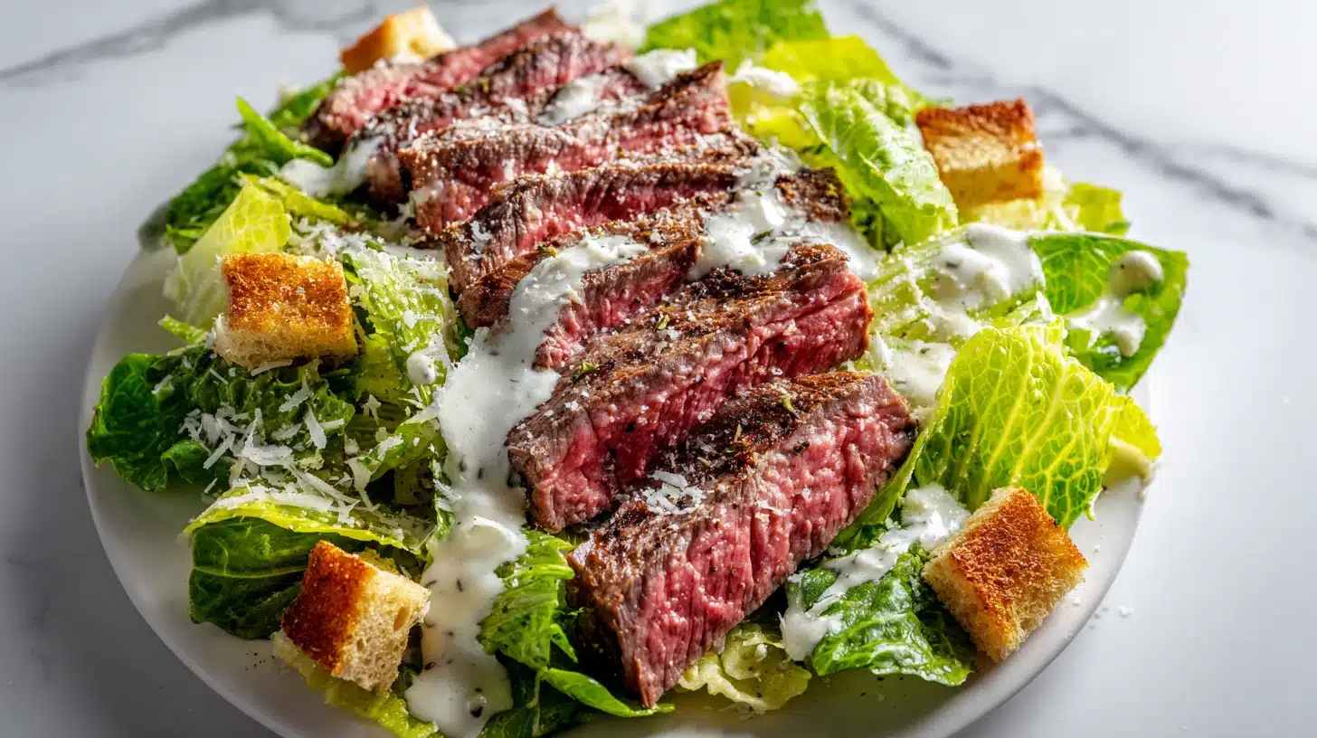 The Ultimate Steak Caesar Salad: Sear, Toss, Devour 28 A close up of a steak caesar salad with sliced ribeye and toasted croutons.