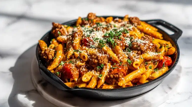A cast iron skillet of Sticky Honey Garlic Sausage Pasta Skillet with parmesan