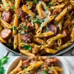 A vibrant, glossy one-pan Sticky Honey Garlic Sausage Pasta Skillet in a cast iron skillet, featuring perfectly coated penne, caramelized Italian sausage pieces, and a sticky honey garlic glaze, garnished with fresh chopped parsley and grated parmesan cheese on a rustic table.