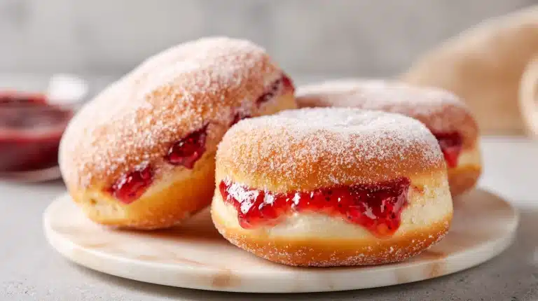 Three golden Strawberry jam filled donuts resting on a wooden board with fresh berries.