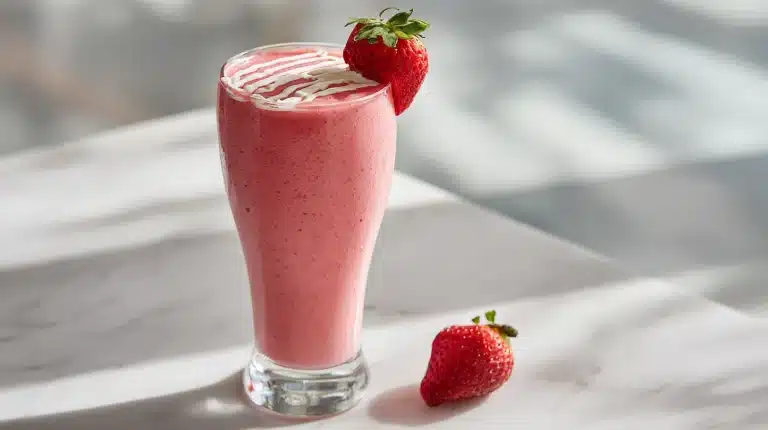 A glass of creamy Strawberry Smoothie with Yogurt and Milk topped with strawberries.