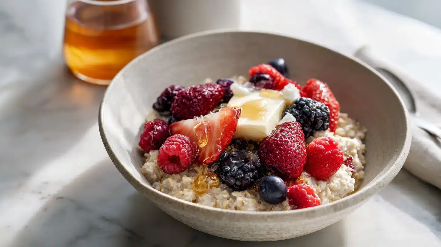 A bowl of oats with berries and honey for the sugar control ritual recipe
