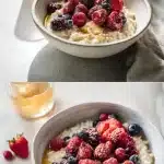 A beautifully plated bowl of creamy steel-cut oats topped with vibrant mixed berries, a drizzle of honey, and a pat of melting butter, served alongside a glass of apple cider vinegar water, representing a sugar control ritual recipe.