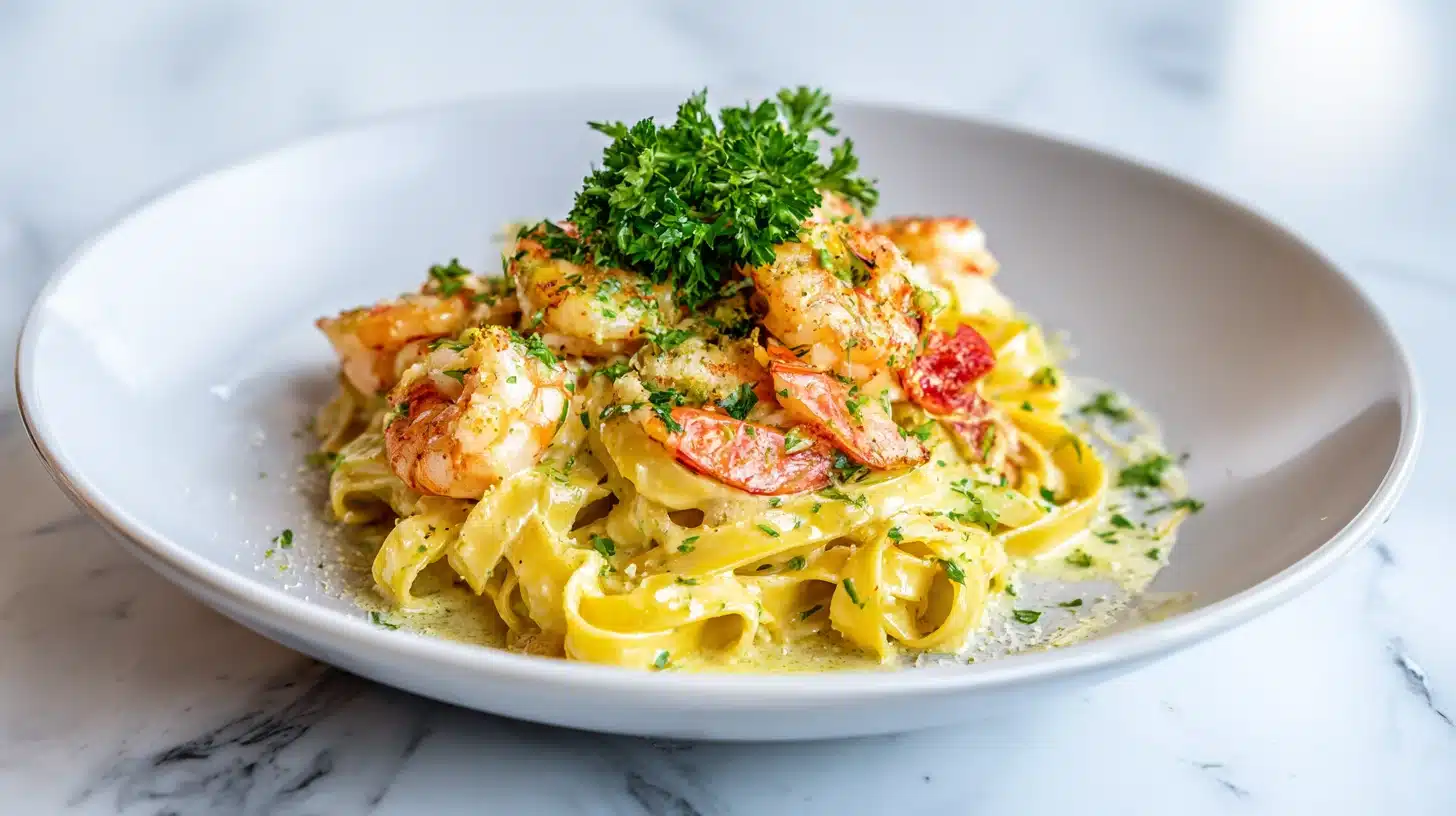 The Creamy Tagliatelle with Prawns Recipe You Will Make on Repeat 27 A completed tagliatelle with prawns recipe in a bowl, glossy and fresh
