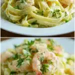 A plate of twirled fresh tagliatelle with prawns in a glossy, creamy garlic white wine sauce, garnished with chopped parsley and red pepper flakes. Several pink sautéed prawns sit on top of the pasta ribbons beside a glass of white wine on a wooden table.